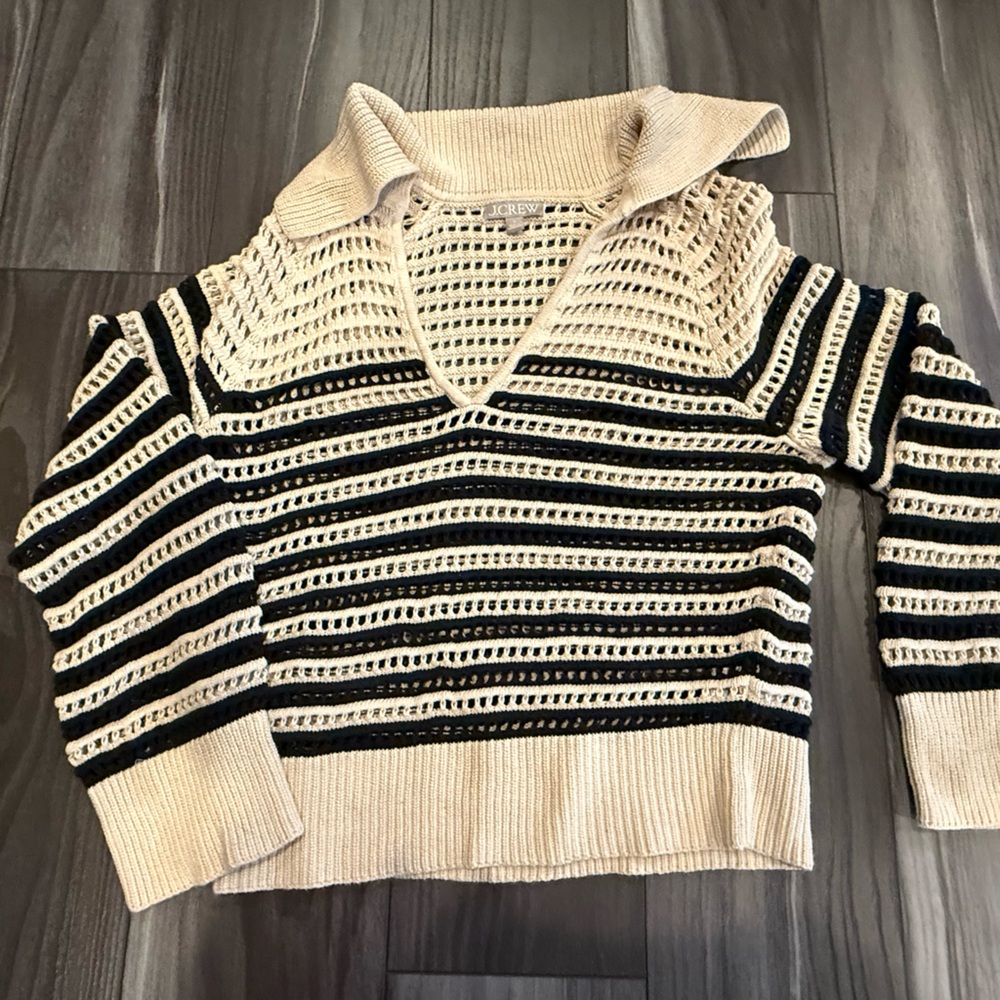 J. Crew Black and Cream Cowl Neck Striped Sweater